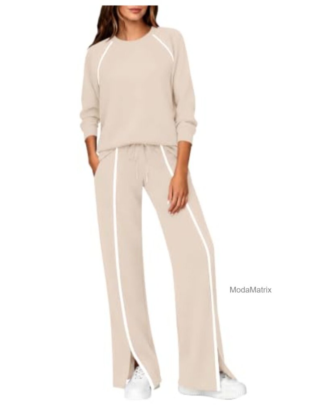 2 Piece Lounge Set Wide Leg Pants Raglan Top Striped Athleisure